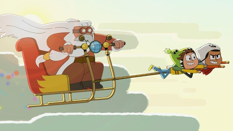 Der Weihnachtsmann (l.) sucht verzweifelt nach seinem Rentier. Schließlich müssen Mats und Malika (r.) einspringen. – Bild: Super RTL