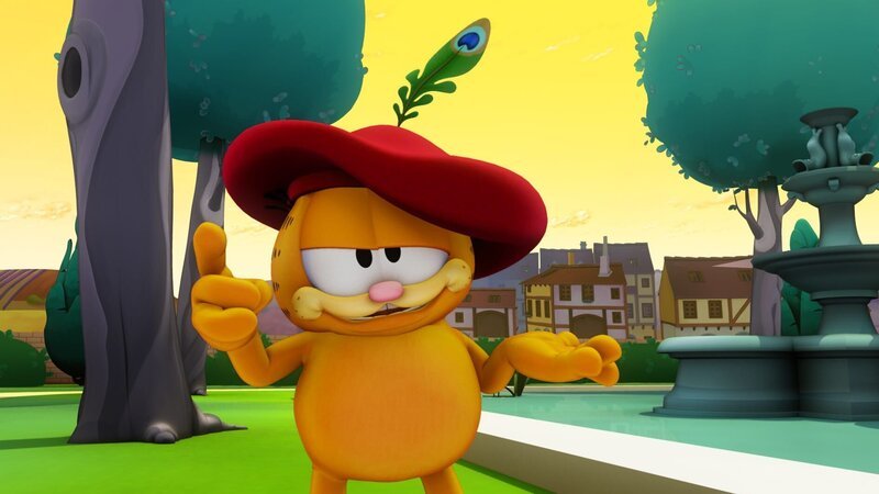 Garfield gibt eine kleine Geschichtsstunde. Er referiert über die tollsten und schlauesten Tiere der Welt – die Katzen. – Bild: HR/​DARGAUD MEDIA