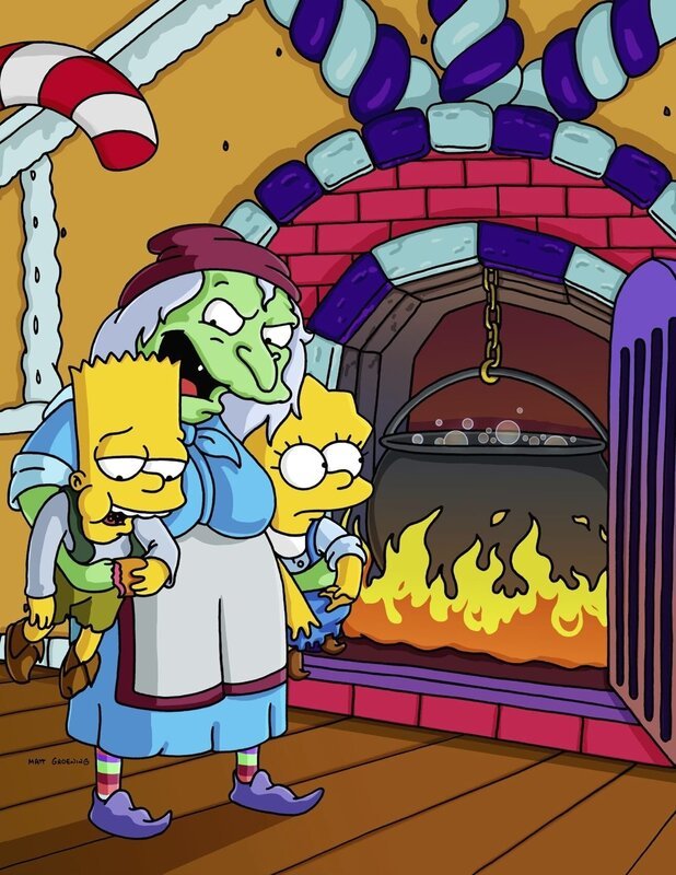 Bart (l.) und Lisa (r.) wurden von ihren Eltern ausgesetzt und sind bei der bösen Hexe (M.) im Lebkuchenhaus gelandet. – Bild: Twentieth Century Fox Film Corporation