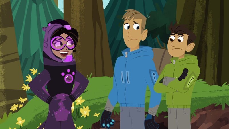 Stella hat einen Wild Power Anzug erfunden und möchte, dass Chris (Mi.) und Martin diesen testen. Die zwei haben allerdings überhaupt keine Lust als Versuchskaninchen herhalten zu müssen. – Bild: SUPER RTL