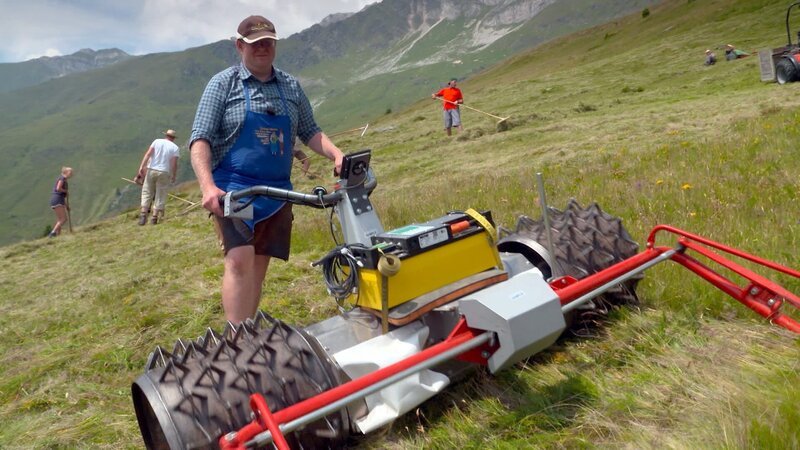 Der Bergbauer Walter Mossmaier braucht bei der Mahd seiner Wiesen, die über 2.000 hm hoch liegen, viele helfenden Hände. – Bild: ORF/​emb film