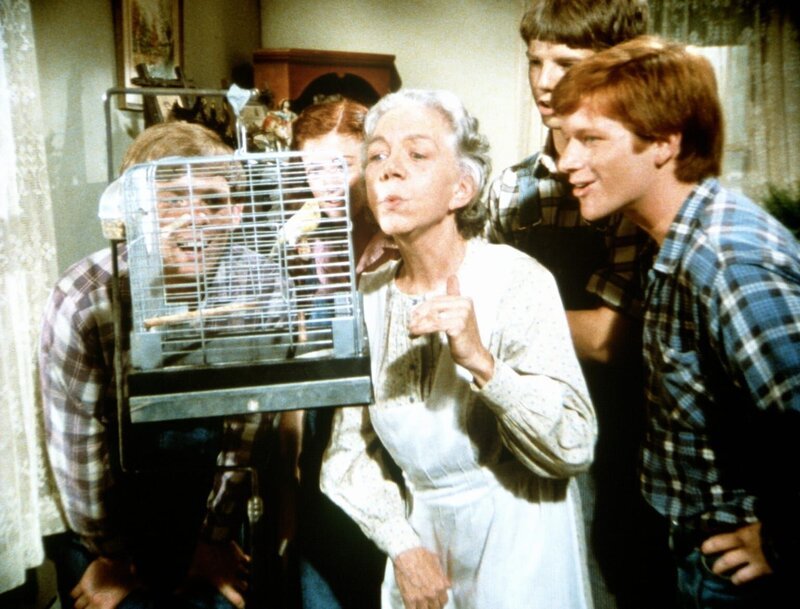 Großmutter (Ellen Corby, M.) und die Kinder, Jason (Jon Walmsley, l.), Elizabeth (Kami Cotler, 2.v.l.), Jim Bob (David W. Harper, 2.v.r.) und Ben (Eric Scott), lehren den Kanarienvogel das Singen. – Bild: WARNER BROS. INTERNATIONAL TELEVISION