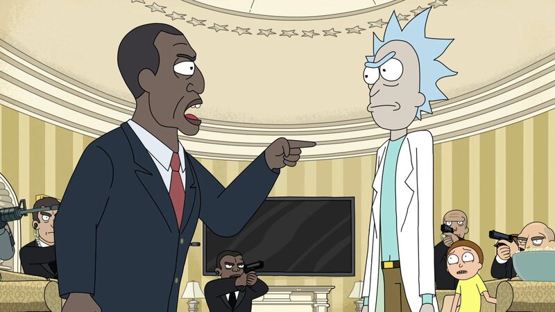 Vorne, l-r: The President, Rick. Hinter: Morty (2.v.r.) – Bild: Paramount