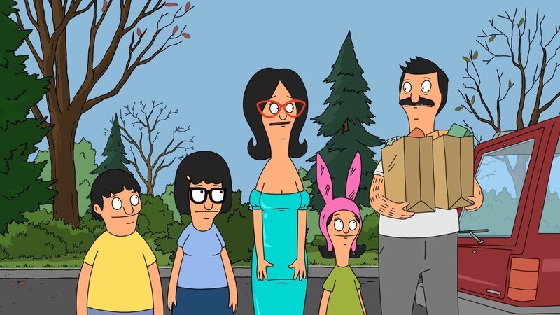 Bob (r.), Linda (M.), Gene (l.), Louise (2.v.r.) und Tina (2.v.l.) werden an Thanksgiving zu Mr. Fischoeder eingeladen – damit dieser seinen Schwarm Shelby Schabel eifersüchtig machen kann. Doch wird das gutgehen? – Bild: 2012 Fox and its related entities. All rights reserved. Lizenzbild frei