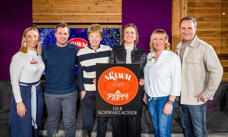 v.li.: Michaela Kirchgasser, Beat Feuz, Annemarie Moser-Pröll, Viktoria Rebensburg, Renate Götschl, Ernst Hausleitner. – Bild: IP Media /​ ORF /​ Peter Krivograd