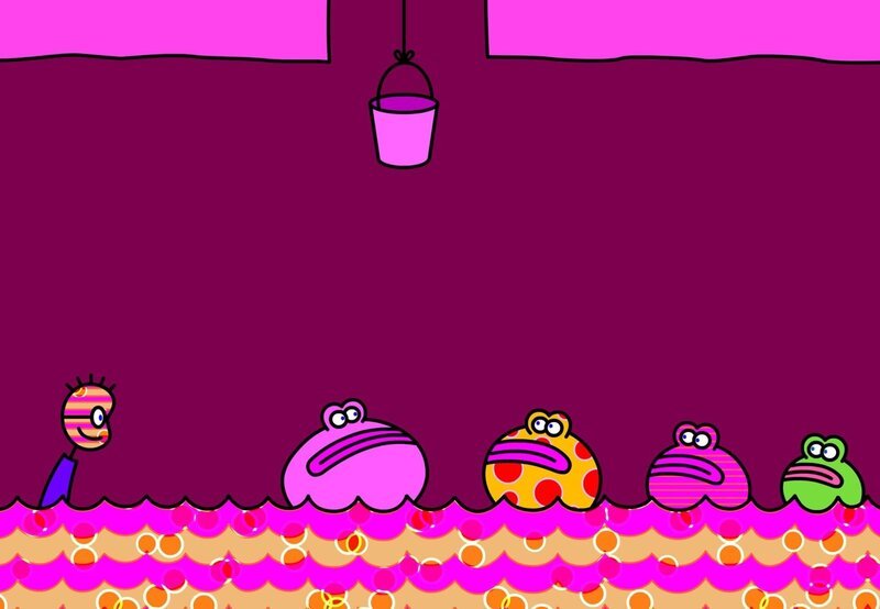 Im Brunnen seiner Mama trifft TOM auf lustige bunte Frösche. – Bild: SWF