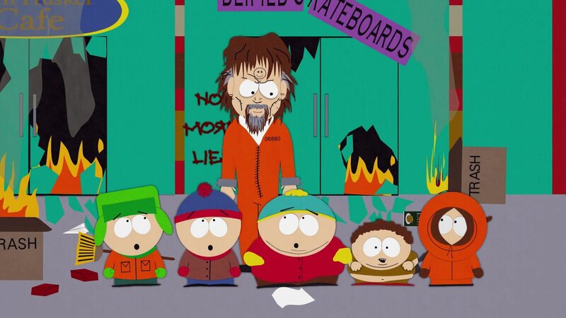 Kyle (l.), Stan (2.v.l.), Charles Manson (3.v.l.), Eric (3.v.r.), Kenny (r.) – Bild: ViacomCBS