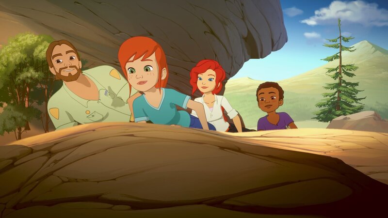 Graham (l.), Zoé (2.v.l.), Sarah (2.v.r.) und Harvey (r.) haben sich auf die Lauer gelegt, um etwas ganz Seltenes anzuschauen: ein weißes Büffelkalb. – Bild: ZDF und Superprod