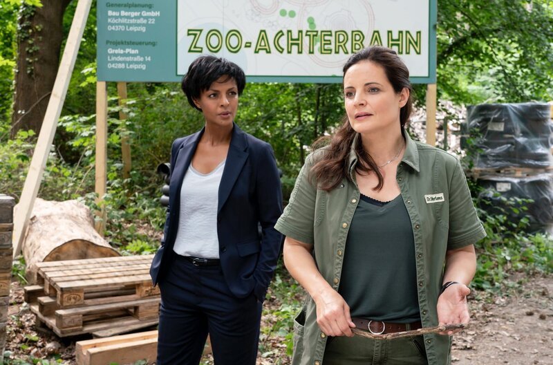 Zwischen Tierärztin Dr. Mertens (Elisabeth Lanz, r.) und Zoodirektorin Dr. Amal Bekele (Dennenesch Zoudé, l.) entfacht ein Streit um den geplanten Bau der Zoo-Achterbahn: Für die Zoodirektorin ein mögliches neues städtebauliches Wahrzeichen, für die Zootierärztin ein harscher Eingriff in die bisherige Lebenswelt der Tiere. – Bild: ARD/​Steffen Junghans