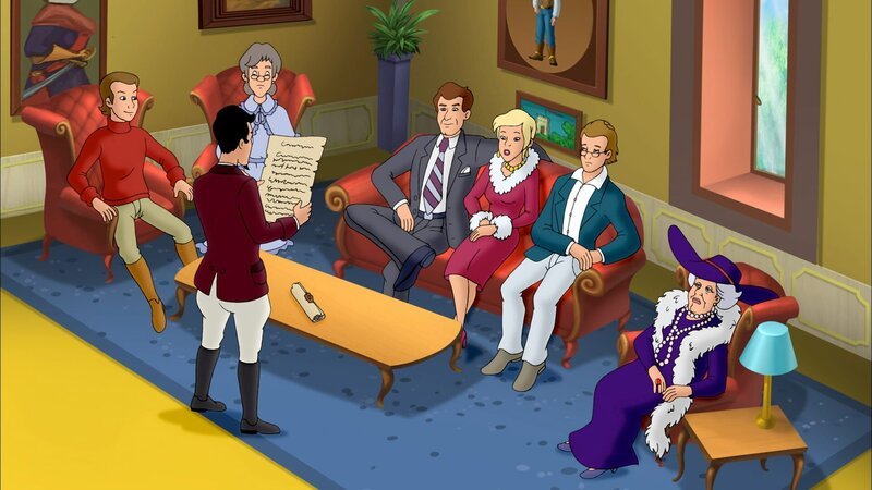 Der Graf hat die Familie zu einem Fest eingeladen und liest ihnen ein Rätsel des Schlossgründers Leo von Falkenstein vor. – Bild: ZDF und Kiddinx – Berlin