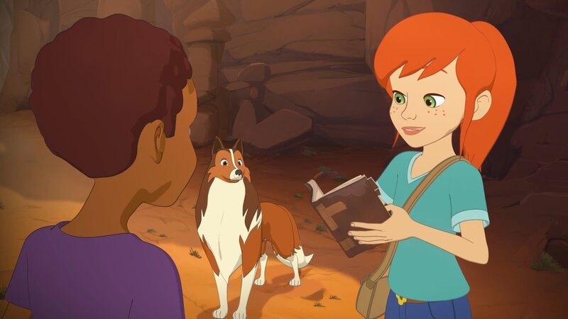 In Mrs. Lees Tagebuch finden Zoé, Harvey und Lassie alle Hinweise, die sie brauchen, um zur verlassenen Mine zu finden. – Bild: ZDF/​Superprod
