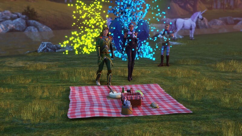 Der Avatar von Nicky (Will Merrick, l.) hat für seine Geliebte Daisy (Rose Matafeo, r.) ein Picknick vorbereitet. – Bild: VAL Lizenzbild frei