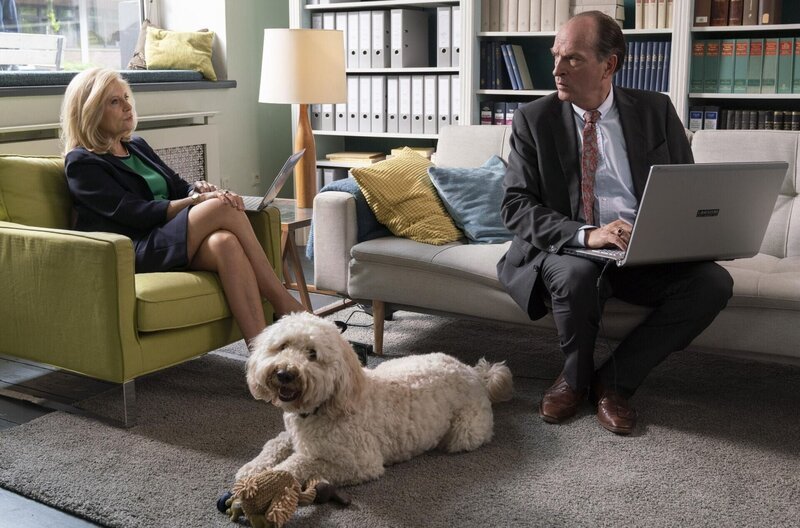 Isabel von Brede (Sabine Postel, l.) und Markus Gellert (Herbert Knaup, r.) diskutieren einen schwierigen Fall. Hund Teddy hat es sich auf dem Teppich gemütlich gemacht. – Bild: Degeto Film GmbH/​ Vertrieb OneGate Media GmbH