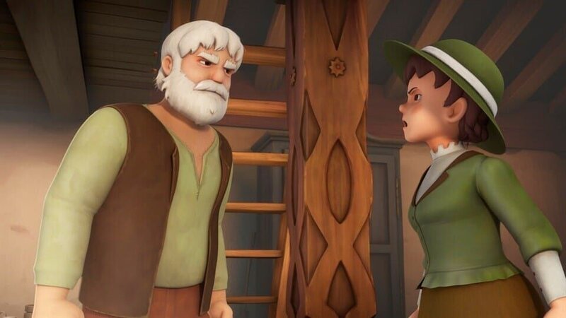 Tante Dete will Heidi mitnehmen und gerät mit Großvater in Streit. – Bild: ZDF/​Studio 100 Animation/​Heidi Productions Pty. Limited