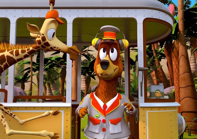 Bruno, der Giraffen-Teenager, hat Balduin seine Kopfhörer geliehen. So kann der Bär ungestört das Tennisfinale verfolgen. Allerdings bekommt Balduin jetzt nicht mehr mit, was um ihn herum passiert. – Bild: ZDF/​Grid Animation, TELEGAEL