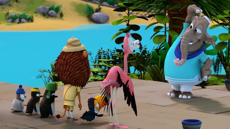 Frau Emily (Elefant) hat die Zoobande am frühen Morgen zu einem Fitnesstraining zusammengetrommelt. – Bild: ZDF/​Gaumont Animation/​PP Animation III Inc.