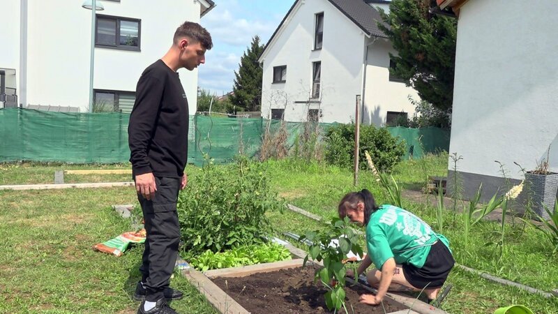 Pascal übernimmt ein Beet im Gemeinschaftsgarten, kämpft mit Unkraut und wird von Ella unterstützt.; Pascal übernimmt ein Beet im Gemeinschaftsgarten, kämpft mit Unkraut und wird von Ella unterstützt. – Bild: RTLZWEI