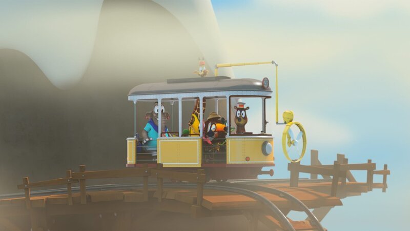 Mit dem Ventilator der Bahn vertreibt die Zoobande den dichten Nebel. – Bild: ZDF/​Gaumont Animation/​PP Animation III Inc.