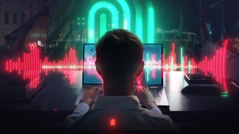 Mit Hilfe Künstlicher Intelligenz wird versucht, Wahlen zu beeinflussen. Im Superwahljahr 2024 wächst die Gefahr für die Demokratie. Wer steckt hinter manipulierten Bildern und Stimmen? – Bild: ZDF und Chris Petri