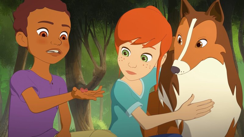 Harvey und Zoé fragen sich, was es mit den unbekannten Samen auf sich hat, die Lassie am Wasserfall gefunden hat. – Bild: ZDF und Superprod, ZDF, ZDFE