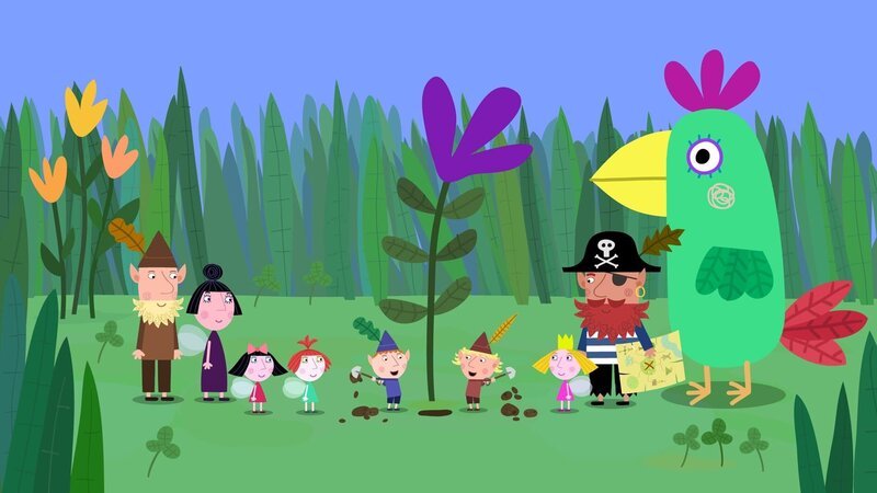 Rotbart, der Pirat, hat eine Schatzkarte mitgebracht. Die Kinder beginnen sofort nach dem Schatz zu suchen. – Bild: ZDF/​Astley Baker Davies Ltd/​Rubber Duck Entertainment