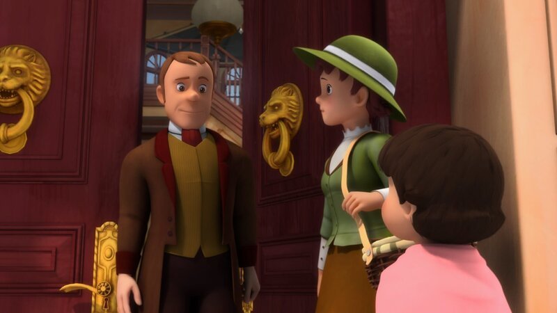 Heidi und Dete werden von dem Diener Sebastian im Hause Sesemann begrüßt. – Bild: ZDF/​Studio 100 Animation/​Heidi Productions Pty. Limited