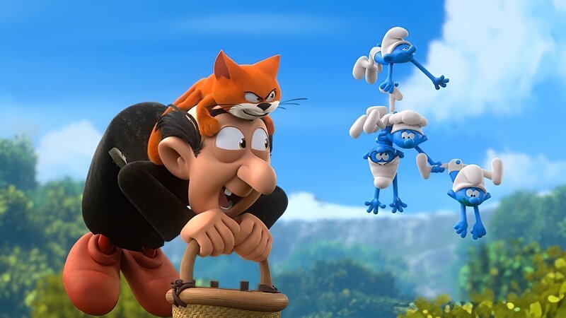 Gargamel hat einen Trank erfunden, der ihn und die Schlümpfe fliegen lässt, um sie in der Luft zu fangen. – Bild: KiKA/​Peyo Productions, Dupuis Édition & Audiovisuell