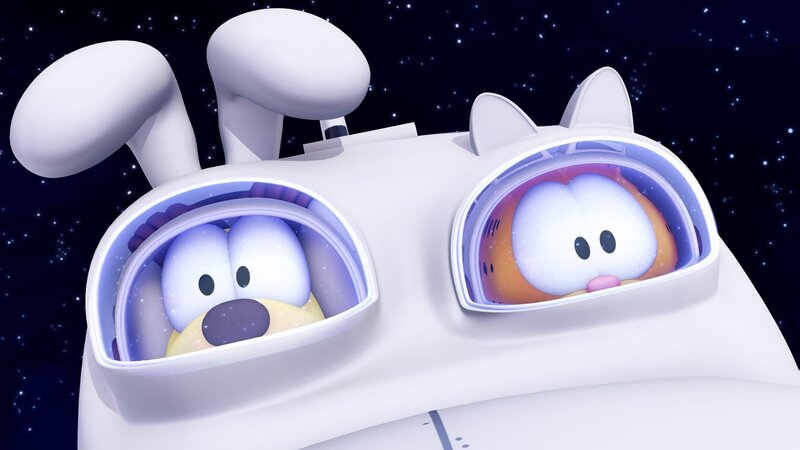 Garfield und Odie versuchen die Erde vor ihrer Zerstörung durch einen heran rauschenden Pasteroiden zu retten. – Bild: HR/​DARGAUD MEDIA