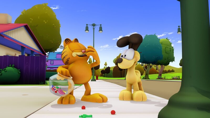 Als Garfield von Jons nervigen Nichten besucht wird, lockt er diese in das Haus einer Hexe. – Bild: HR/​DARGAUD MEDIA