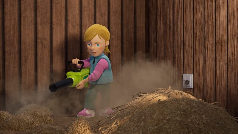 Statt das Heu zusammenzuharken, benutzt Sarah einen Laubbläser. – Bild: KiKA/​Prism Art & Design Limited