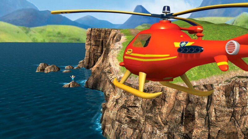 Sarah konnte sich auf einen Felsen retten und wird von einem Hubschrauber entdeckt. Norman und James sitzen jedoch in einer Höhle fest. – Bild: KiKA