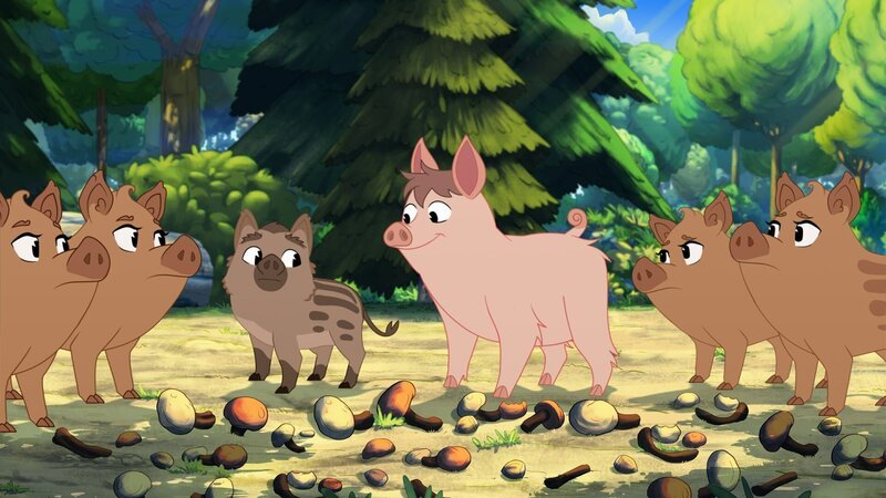 Das Hausschwein Ronnie (Mitte) ist auf der Suche nach Freunden. Doch auch die Müggeldorfer Wildschwein-Familie ist ihm nicht ganz wohlgesonnen. – Bild: ZDF/​ZDF /​ Caligari