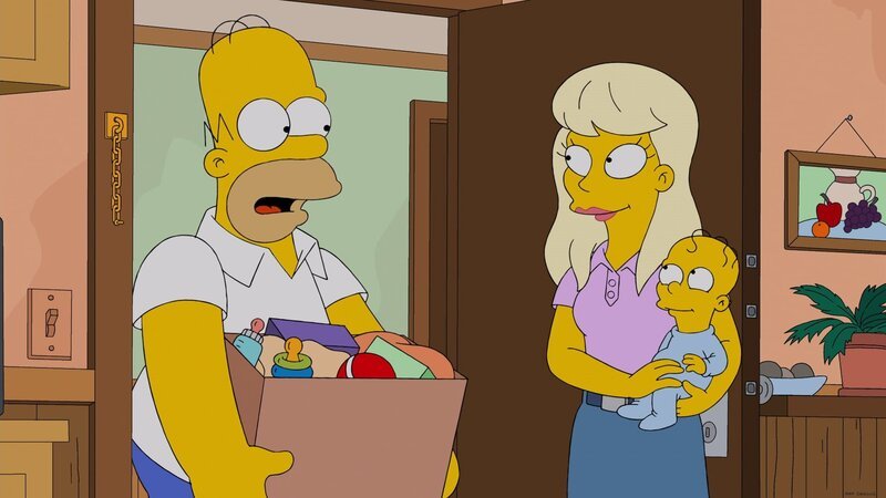 Homer (l.) bleibt mit einer hochschwangeren Frau (M.) im Aufzug stecken. Mit seiner Hilfe bekommt sie dort ihr Kind – und nennt es aus Dankbarkeit Homer Junior (r.). Homer entwickelt bald eine erstaunliche Zuneigung zu dem Kind … – Bild: Twentieth Century Fox Film Corporation