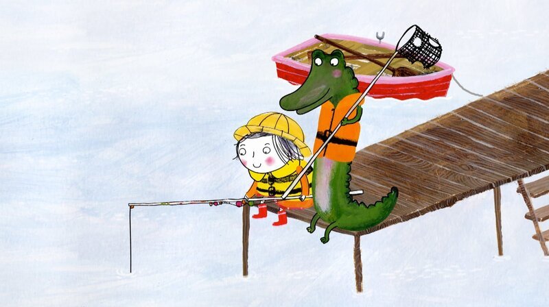 Rita ist eine sehr gute Anglerin, das will sie dem Krokodil beweisen. – Bild: rbb/​dansk tegnefilm