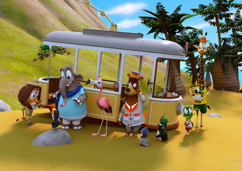 Bei einer Rettungsaktion ist die Bahn über den Vulkankraterrand gekracht und am Strand gelandet. Zacki und seine Freunde überlegen, wie sie die Bahn nun wieder zurück bekommen. – Bild: ZDF/​Grid Animation, TELEGAEL