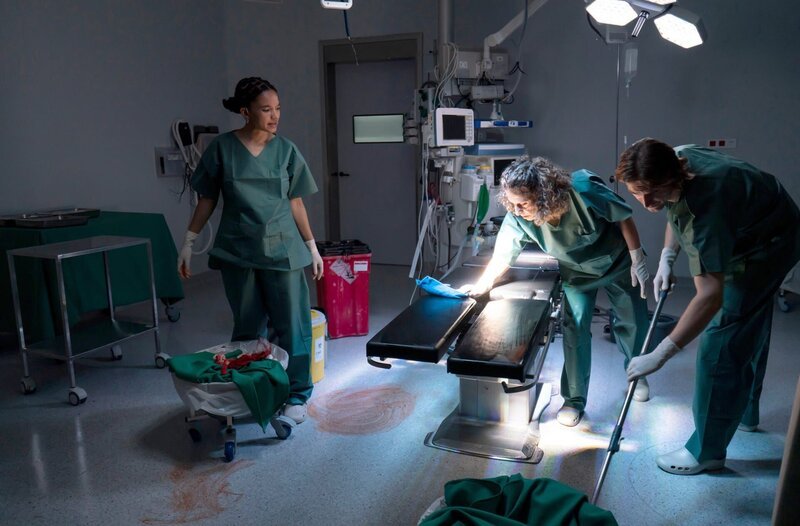 ARD CHARITÉ sechsteilige Serie im Rahmen des ARD Thementages „Die Medizin von morgen“, IV. Staffel, Folge 4 am (10.04.24) um 21:00 Uhr im Ersten und ab (05.04.24) in der ARD Mediathek. Marlene Hirt (Gina Haller, l.), Dr. Seda Safadi (Adriana Altaras, M.) und Lou Melnik (Joshua Seelenbinder, r.) nach der geheimen Operation in der Schattenklinik. – Bild: ARD/​MDR/​ARD Degeto/​Arte/​Ufa Fiction/​Armanda Claro