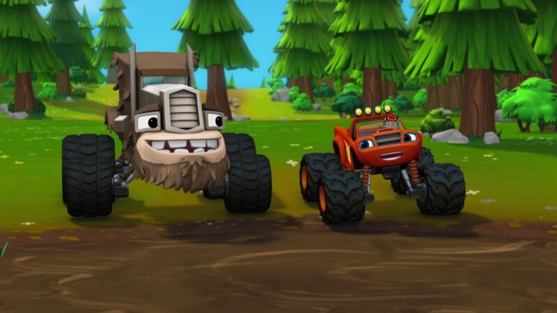 Die Monstertrucks veranstalten eine Matschparty. Auf der Suche nach ihrem Ball lernen Blaze und AJ (re.) ihren neuen Freund Schlammbart (li.) kennen, der im Wald lebt und Matsch über alles liebt. Blaze beschließt, ihn zur Matschparty mitzunehmen. – Bild: Paramount