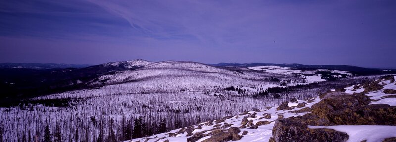 Der Film zeigt, wie es im einstigen Wirtschaftswald zur „Katastrophe“ kam und wie daraus heute der „Urwald von morgen“ heranwächst, wie perfekt hier Werden, Wachsen und Vergehen ineinandergreifen und warum der Borkenkäfer nicht zum Totengräber, sondern zum Geburtshelfer wurde. Im Bild: der Lusen im Winter. – Bild: BR/​Hans Kiener/​Hans Kiener