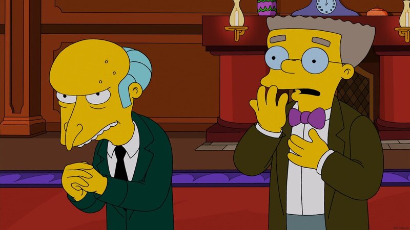 Mr. Burns (l.) schenkt seinen Mitarbeitern zu Weihnachten eine hypermoderne Datenbrille, allerdings nicht ohne Hintergedanken. Ob sein Assistent Waylon Smithers (r.) davon weiß? – Bild: Twentieth Century Fox Film Corporation