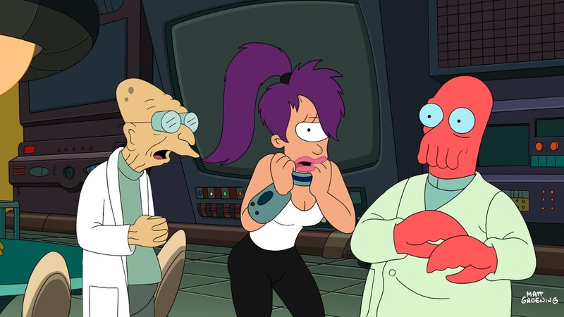 Das Temperament geht mit Leela (M.) durch. Professor Hubert (l.) und Zoidberg (r.) machen sich an die Bestrafung … – Bild: Paramount