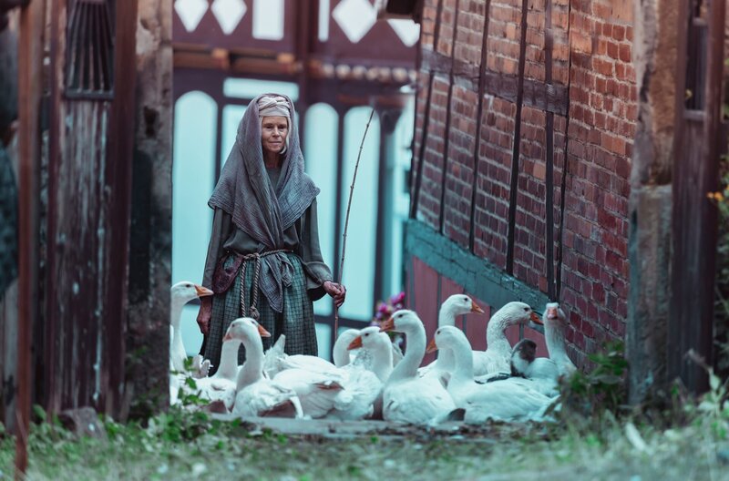Die magische Alte (Leslie Malton) zusammen mit den Gänsen in den Gassen des Königreichs. – Bild: SWR/​kurhaus productions/​Alina Hartwig