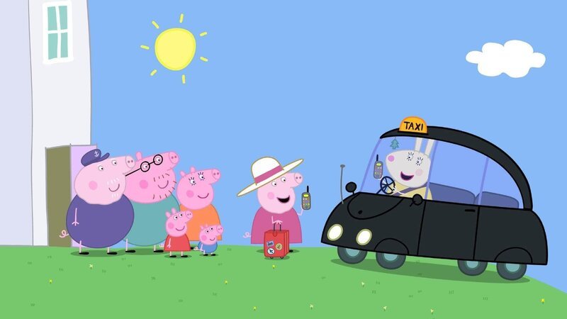 Mama Wutz, Peppa und George haben die alle Hände voller Einkaufstüten. Daher rufen sie ein Taxi von der Taxi Zentrale von Frau Mümmel. – Bild: SUPER RTL