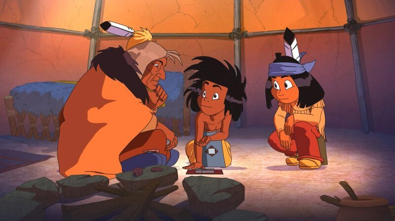 Stiller Fels (l.) erzählt Kleiner Dachs (M.) und Yakari eine Geschichte. – Bild: WDR/​Ellipsanime Productions/​Belvision/​Les Cartooneurs Associés/​2 Minute