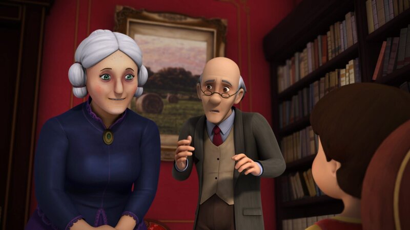 Großmama unterbricht Herrn Bahners Unterricht, um mit Heidi zu reden. – Bild: ZDF/​Studio 100 Animation/​Heidi Productions Pty. Limited
