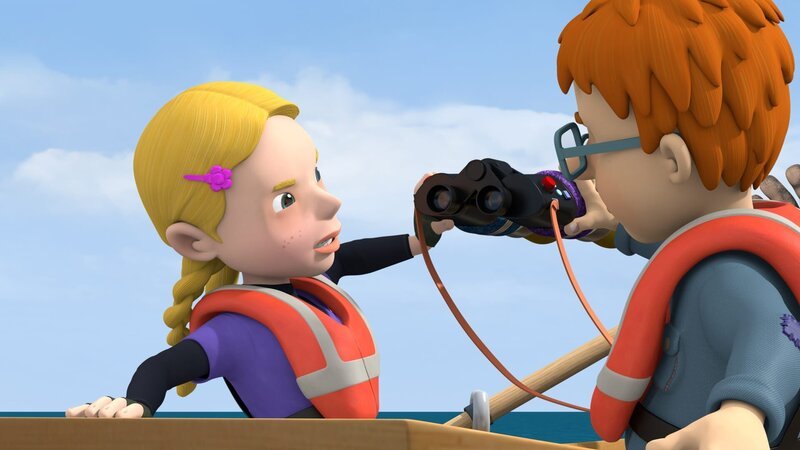 Hannah und Norman streiten sich, wer durch Joes neues Super-Fernglas „Fernglasomat 2000“ Meeresschildkröten beobachten darf. – Bild: KiKA/​HIT Entertainment