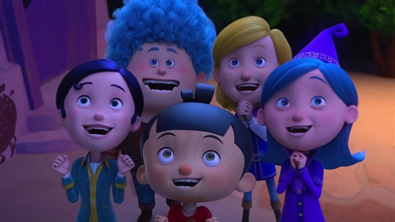 Die Freunde Sophia (l.), Luzio (2.v.l.), Pinocchio (M.), Prinz (2.v.r.) und Betulla (r.) haben im Haus der Hexe ein Feuerwerk zusammengebraut, das sie jetzt bestaunen. – Bild: ZDF/​2021 Method Animation/​Palomar/​ZDF Enterprises