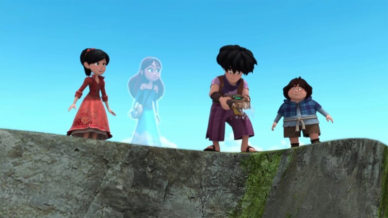 Little John (2.v.r.) hat das Zauberbuch für Marian (2.v.l.) geholt. – Bild: ZDF/​Method Animation/​DQ Entertainment