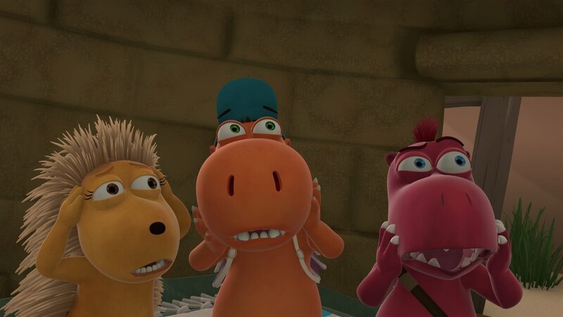 Matilda, Kokosnuss und Oskar stehen nebeneinander und haben einen Gesichtsausdruck, als hätten sie gerade ein Gespenst gesehen. – Bild: ZDF/​Caligari Film
