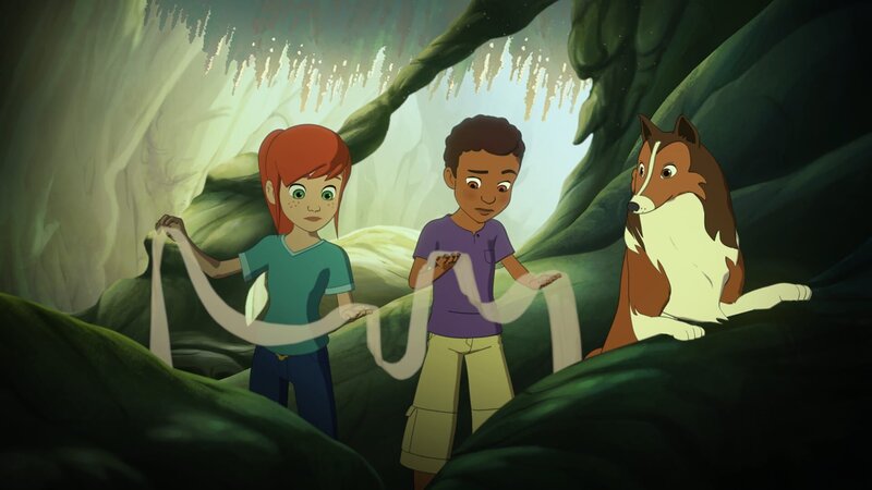 Lassie hat in der Höhlenwelt etwas entdeckt, das Zoé und Harvey die Augen öffnet über das seltsame Verhalten der Fledermäuse. – Bild: ZDF/​Superprod/​ZDFE