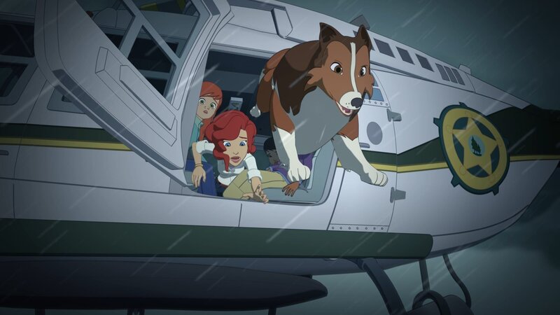 Sarah ist das lebenswichtige Medikament entglitten. Die Kinder verfolgen gebannt, wie Lassie hinterher springt, um es zurückzuholen. – Bild: ZDF und Superprod